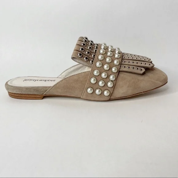 NWOB Jeffrey Campbell Ravis Pearl Studded Embellished Fringe Taupe Suede Mules - Picture 6 of 10